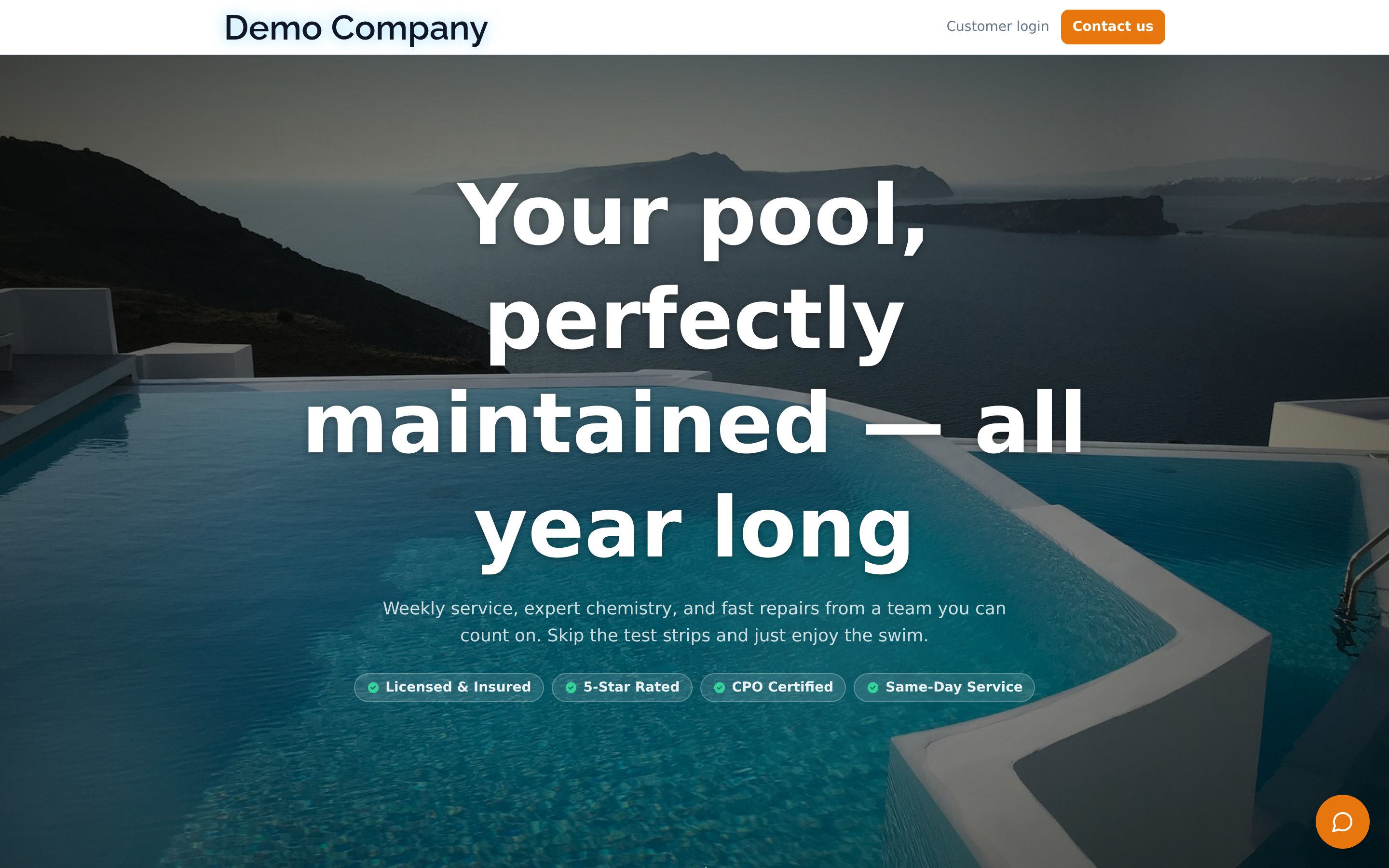 A live pool service company website built and hosted on RoutePilot